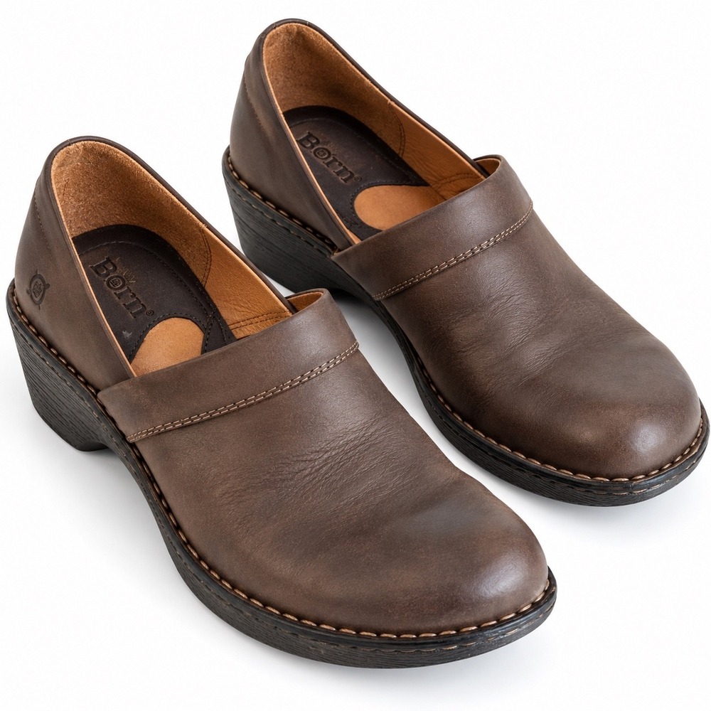 Born Brown Leather Mary Jane Clogs Size 9 Comfort Wedge Slip On Women's
